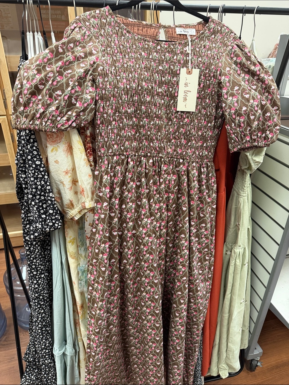 Smocked Puff Sleeve Maxi Dress in Brown with Pink Floral